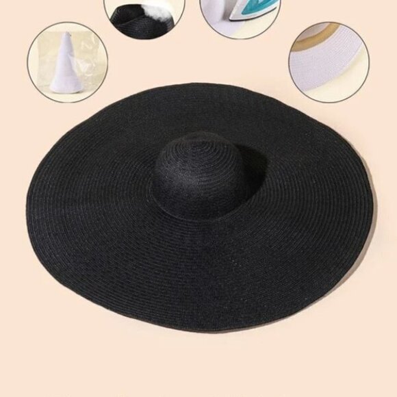 oversized wide brim straw hat - black